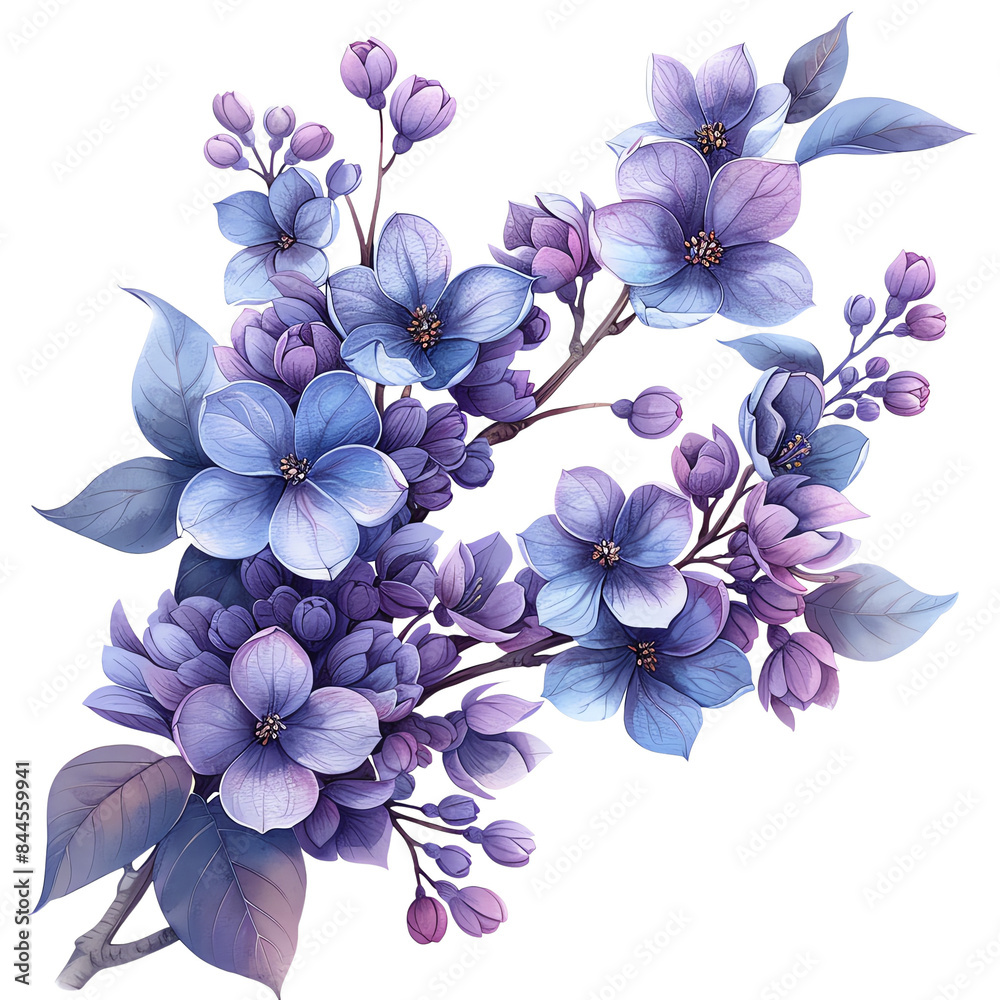 Fototapeta premium A bouquet of purple flowers with blue centers. The flowers are surrounded by green leaves.
