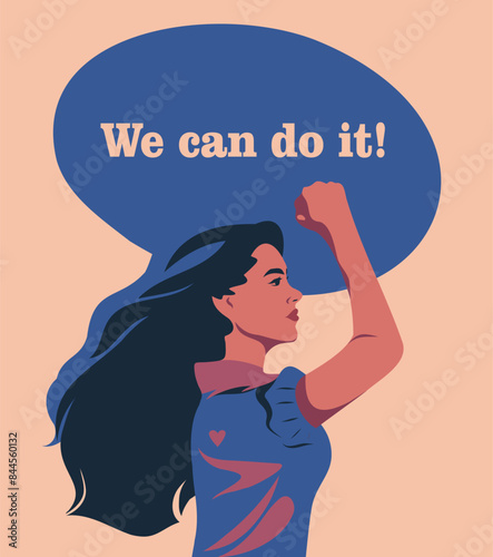 Vector illustration, banner with place for text we can do this, woman portrait, girl showing fist, feminism, freedom struggle, protest concept, protecting women's rights, symbol of female power