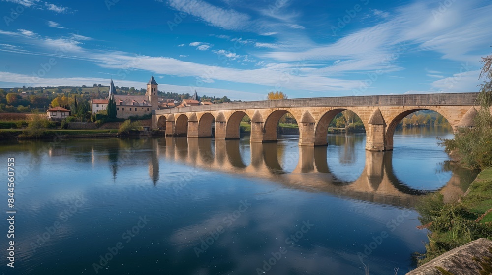 Naklejka premium A medieval bridge with Gothic arches spans a tranquil river, a charming village in the background.