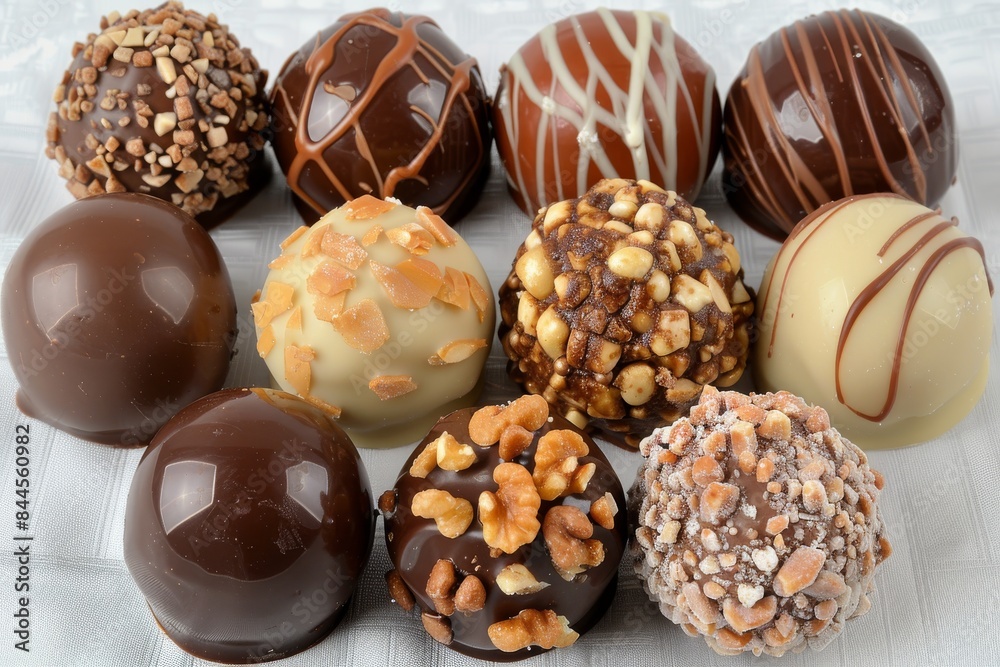 Assorted chocolate truffles with nut and caramel toppings, perfect for a delightful and indulgent dessert experience