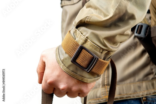 Close-up of a hiker's hand holding a walking stick, wearing a tan jacket and a backpack.