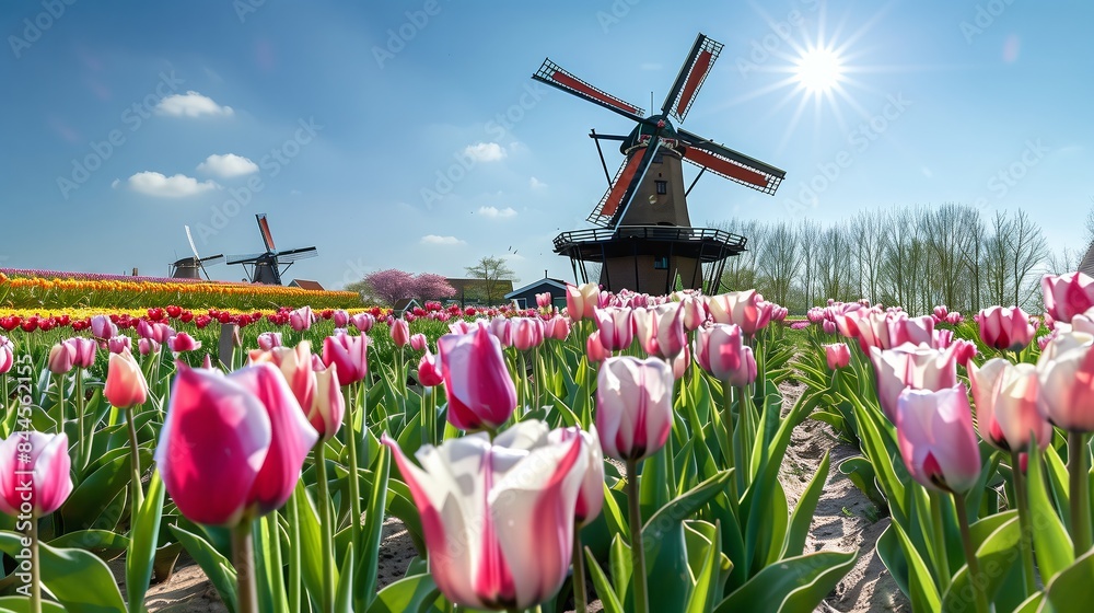 A tall windmill amid blooming tulips under a sunny sky captures a perfect spring day in the countryside.