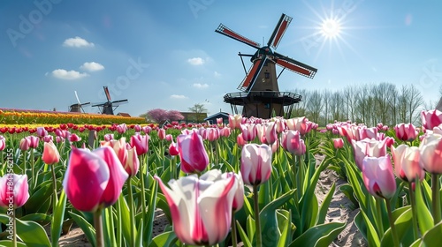 Obraz na płótnie A tall windmill amid blooming tulips under a sunny sky captures a perfect spring day in the countryside. w salonie