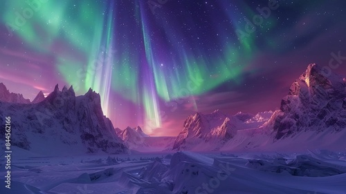 The Aurora Borealis lights up the night sky over snow-covered mountains, creating a breathtaking natural spectacle. 