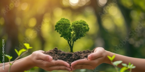 Two hands tenderly hold a small mound of soil from which a green tree, shaped like a heart, sprouts, representing love for nature, growth, and environmental stewardship. photo