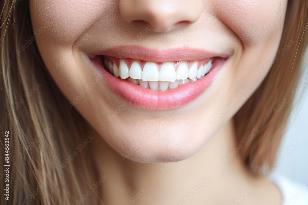 Close-up of a woman's smiling face, showcasing her bright white teeth and healthy gums. Close-up of a woman's smiling face, showcasing her bright white teeth and healthy gums.
