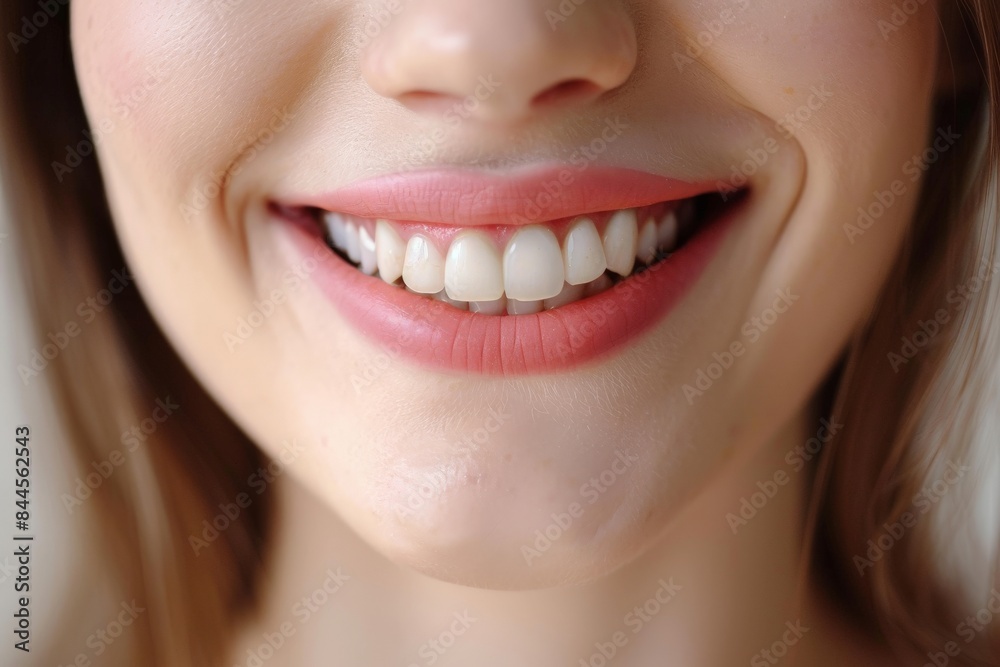 Close-up of a woman's smiling face, showcasing healthy white teeth and pink lips. Close-up of a woman's smiling face, showcasing healthy white teeth and pink lips.