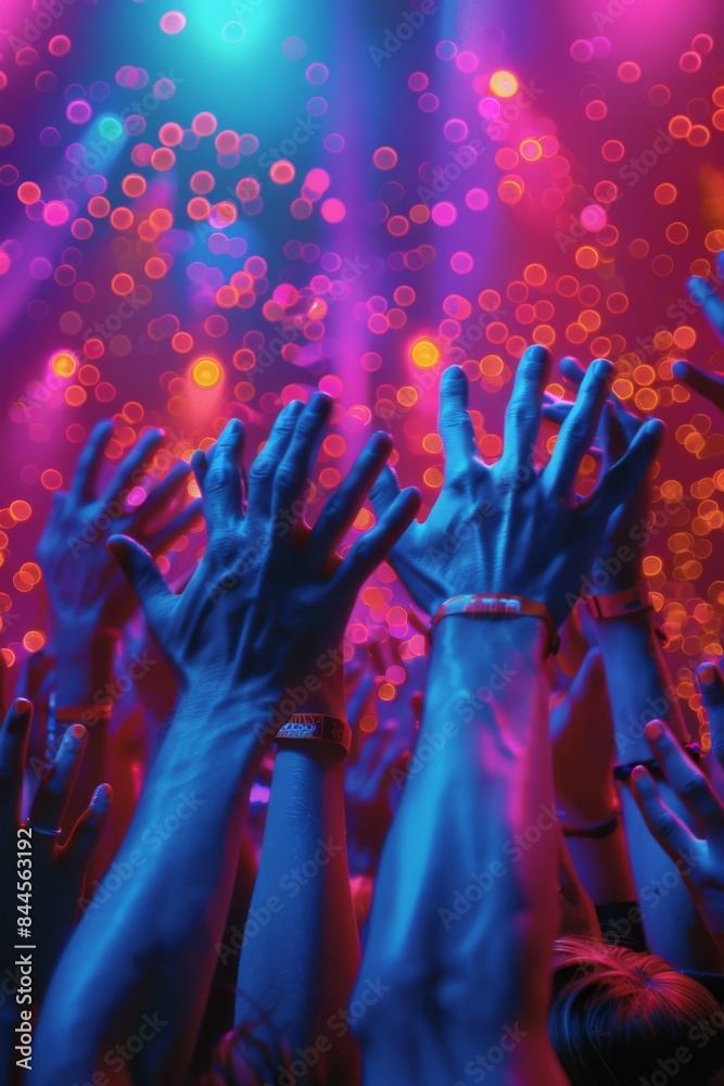 Crowd cheering, hands raised, at live show. Concert, show, stage, club, event.
Crowd cheering, hands raised, at live show. Concert, show, stage, club, event.