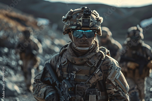 Soldiers equipped with gear containing rare earth elements, enhancing their operational capabilities