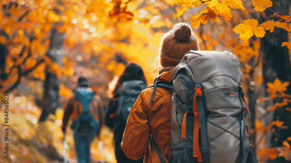 Fototapeta premium 山や森林の紅葉を背景にハイキングをする人々