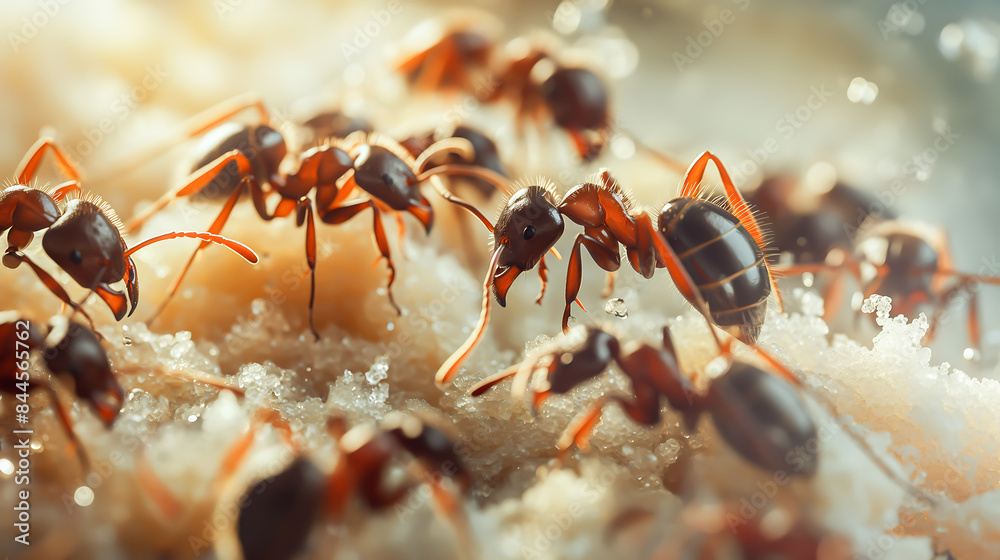 Close up group of ants eating discarded food crumbs and sugar spillage