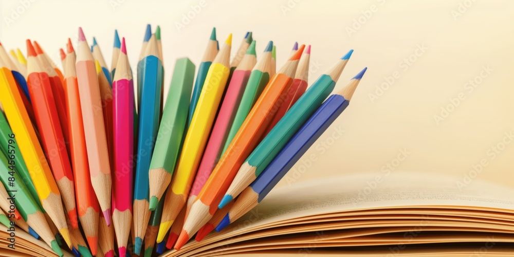 The vibrant colored pencils radiate from the pages of an open book, symbolizing creativity, learning, and the limitless joy of artistic exploration in education. The vibrant colored pencils radiate from the pages of an open book, symbolizing creativity, learning, and the limitless joy of artistic exploration in education.