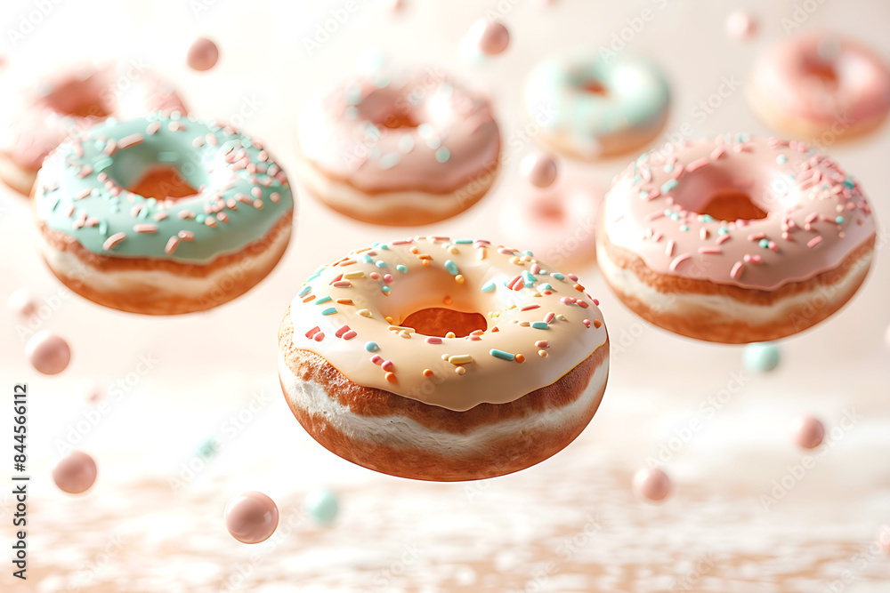 Flying colorful donuts with sprinkles on peach background. National Donut Day. Copy space Flying colorful donuts with sprinkles on peach background. National Donut Day. Copy space