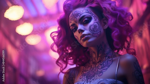 young woman with vibrant, curly pink hair and intricate face tattoos stands under neon lights