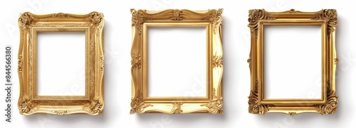 3 golden picture frames with a white background, no shadows