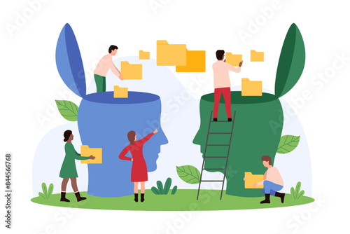 Data exchange and info communication progress, information and knowledge transfer in learning, training. Tiny people share folders with files between two human heads cartoon vector illustration