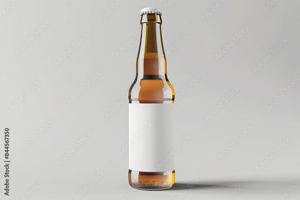 Fototapeta premium Amber glass beer bottle with blank white label, mockup for your packaging design presentation, against a neutral grey background