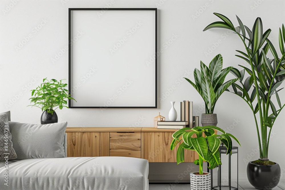 Cozy modern Scandinavian home interior featuring a blank photo frame for mock up, indoor plants, wooden furniture, and sofa Cozy modern Scandinavian home interior featuring a blank photo frame for mock up, indoor plants, wooden furniture, and sofa