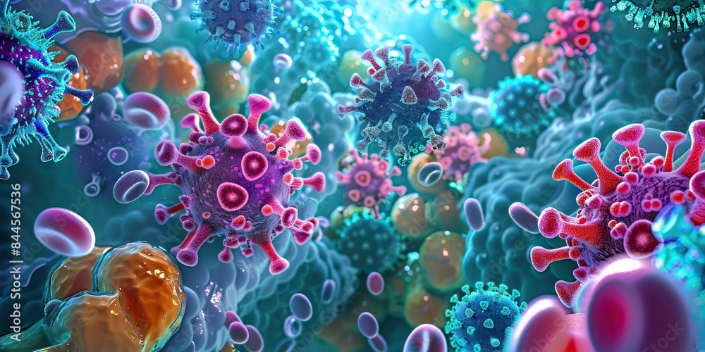 Virus assembly a microscopic view of viral particles floating and fighting the body.