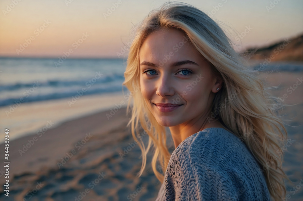 Portrait of a blonde girl with blue eyes on a sandy beach during sunset. Portrait of a blonde girl with blue eyes on a sandy beach during sunset.
