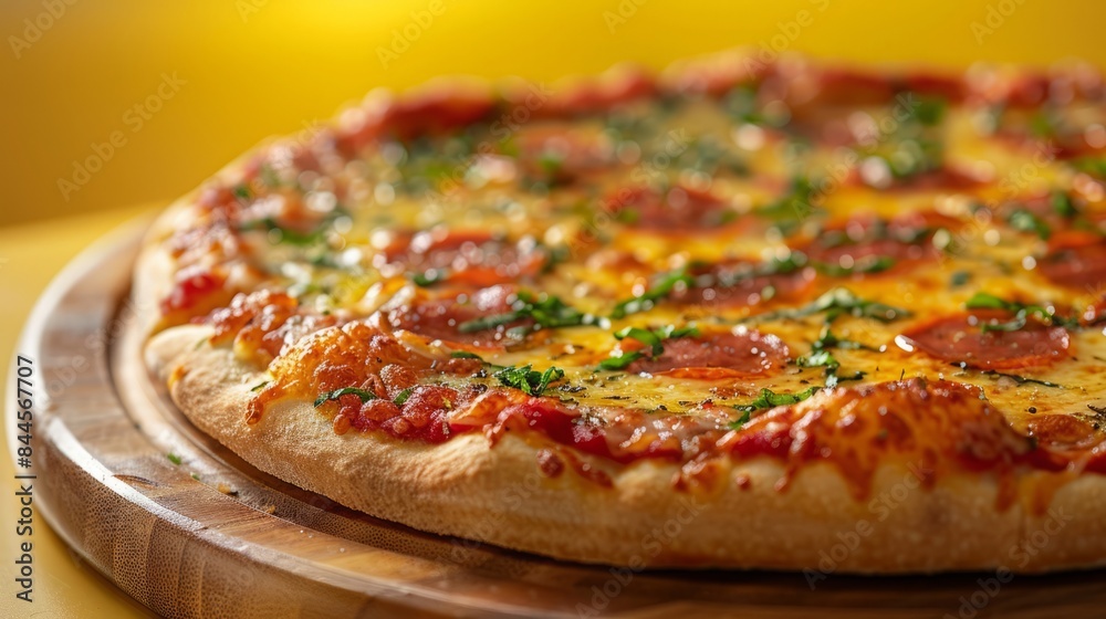 Close up of pizza with yellow background Close up of pizza with yellow background
