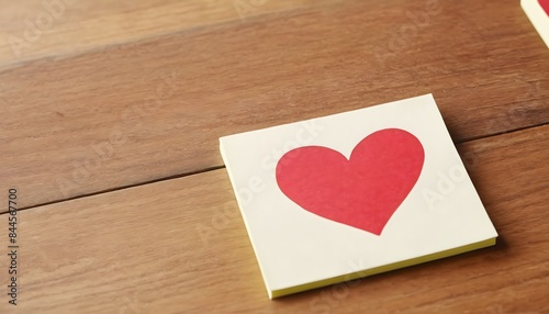 Red heart on a white note on a wooden table texture, a romantic symbol of passion and love