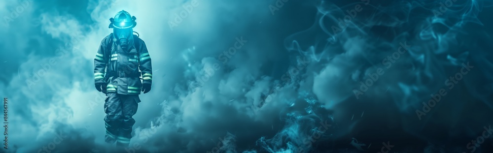 Firefighter in full gear walking through smoke on a dark background with a copy space banner design. A high resolution Firefighter in full gear walking through smoke on a dark background with a copy space banner design. A high resolution