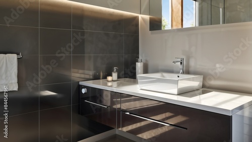 A modern bathroom with a white sink and dark cabinets, featuring sleek lines and a stylish, sophisticated design.