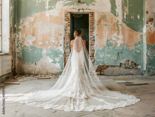 a woman in a wedding dress standing in a room with peeling paint photo