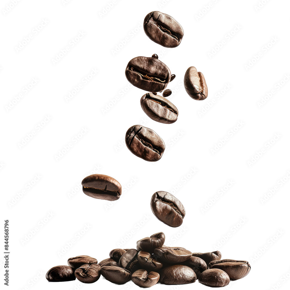 Coffee beans dropping on a group of beans on a white background Coffee beans dropping on a group of beans on a white background