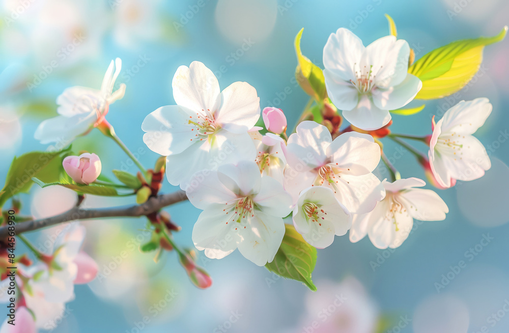 Obraz premium White and pink cherry flowers in the background of a bright spring blue sky