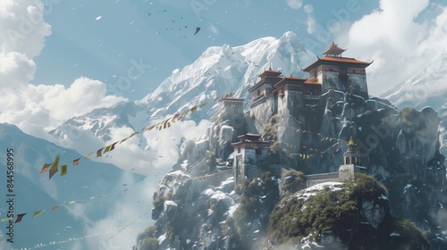 An isolated monastery on a snow-capped mountain whispers tales of solitude, while prayer flags invoke peace.
