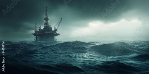 An oil platform braves rough seas and stormy weather, emphasizing the harsh conditions and resilience of offshore drilling operations against nature's challenges.