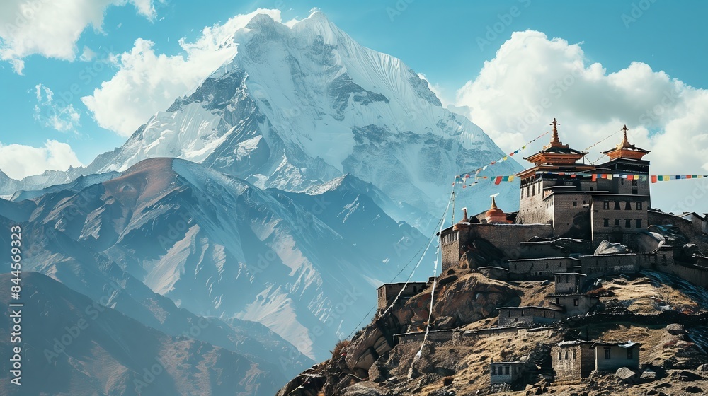 An isolated monastery stands on a snow-capped mountain, colorful prayer flags flutter in the serene landscape.