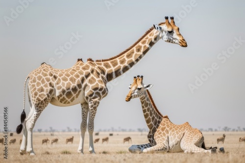 two giraffes grazing on the ground