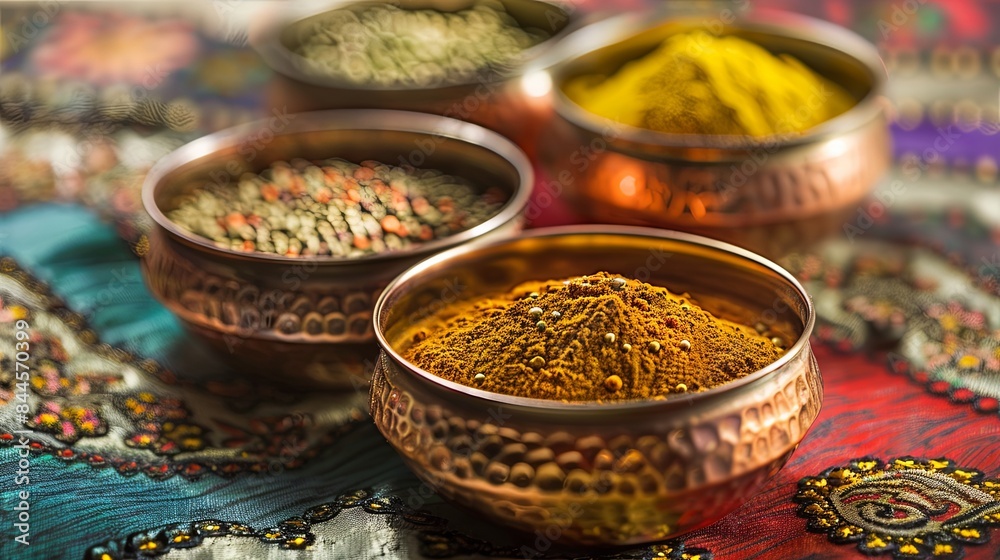 Traditional Indian spices like turmeric, cumin, coriander, and garam masala are displayed in copper bowls against a colorful fabric backdrop. Generative AI Traditional Indian spices like turmeric, cumin, coriander, and garam masala are displayed in copper bowls against a colorful fabric backdrop. Generative AI