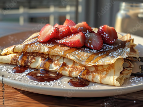 a white plate topped with pancakes covered in syrup and strawberries photo