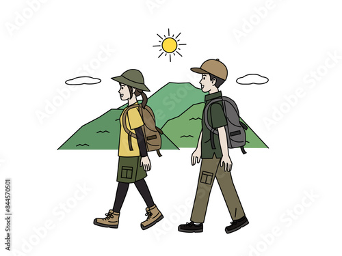 ハイキング、登山するカップルのイラスト
