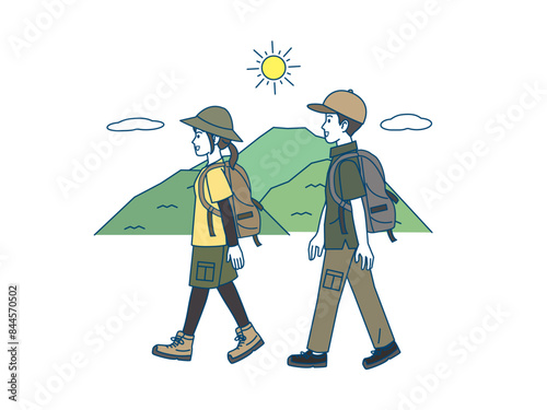 ハイキング、登山するカップルのイラスト