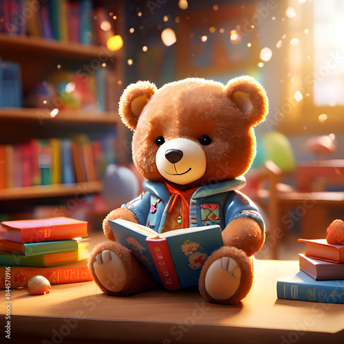 Cuddy Teddy bear plush toy reading book learning in school classroom Childhood Education Literacy Concept Poly illustration photo