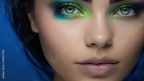 Young woman with beautiful bright green eyes with shining blue shadows, beige lipstick and expressive eyebrows, pitted look of colored paper, fashion, beauty, make-up, cosmetics, salon style © Polpimol