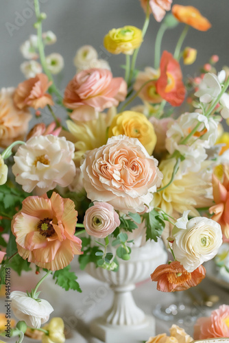 Beautiful bouquet of pink  white and orange roses  peonies  ranunculus and various flowers in a white ceramic vintage vase