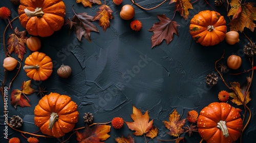 A black background with a yellow pumpkins and leaves copyspace Halloween background