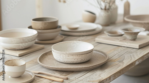 Weiße und beige Teller auf einem hellen Holztisch in einem Dekogeschäft