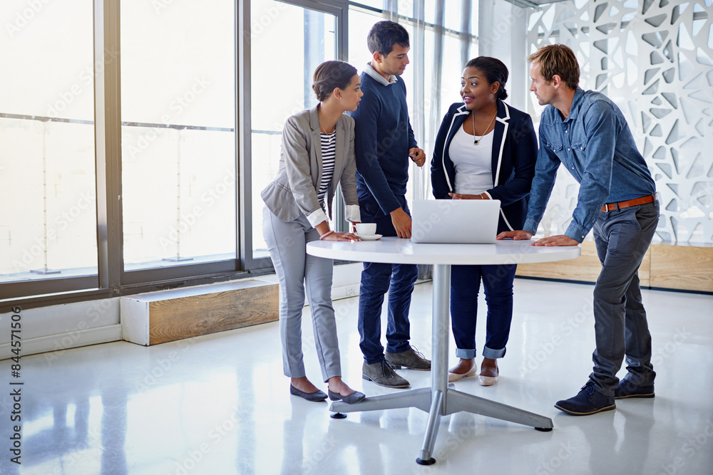 Fototapeta premium Business people, teamwork and cooperation with laptop, brainstorming and professional in modern office. Staff, employees and coworkers with ideas, collaboration and diversity with project and startup
