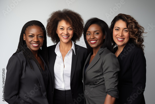 Group of smiling black businesswomen at work on white background. Women in suits at work. Boss women. Political woman. Image for graphic designer. Business world. Job recruitment. Africa. Black women.