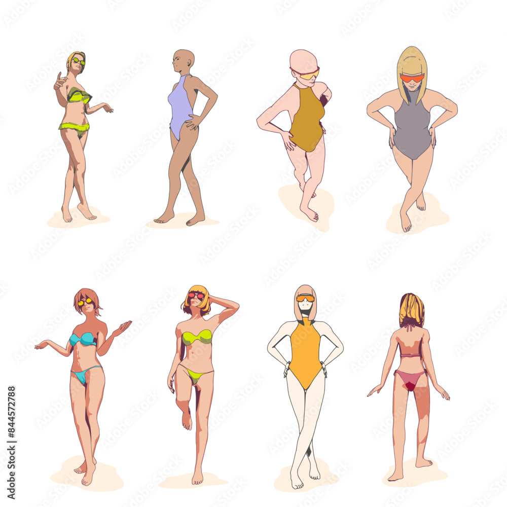 Fototapeta premium Female silhouettes set. Beautiful young girls with different poses isolated. Collection of young attractive women in beachwear.