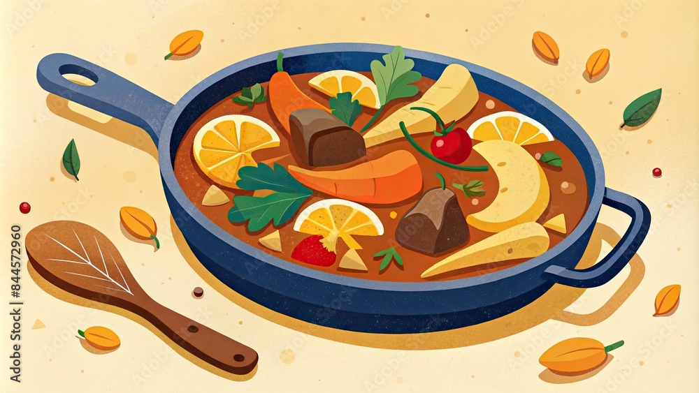 Illustration of a stew with vegetables in a pan.