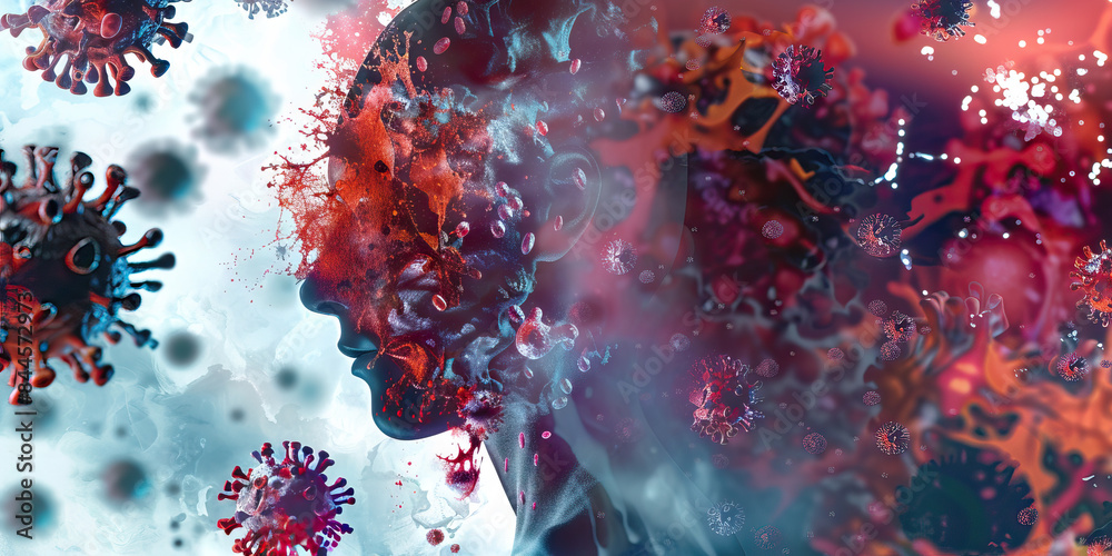 Viral spread in the body showing a takeover cells and virus disease. Close up. Viral spread in the body showing a takeover cells and virus disease. Close up.