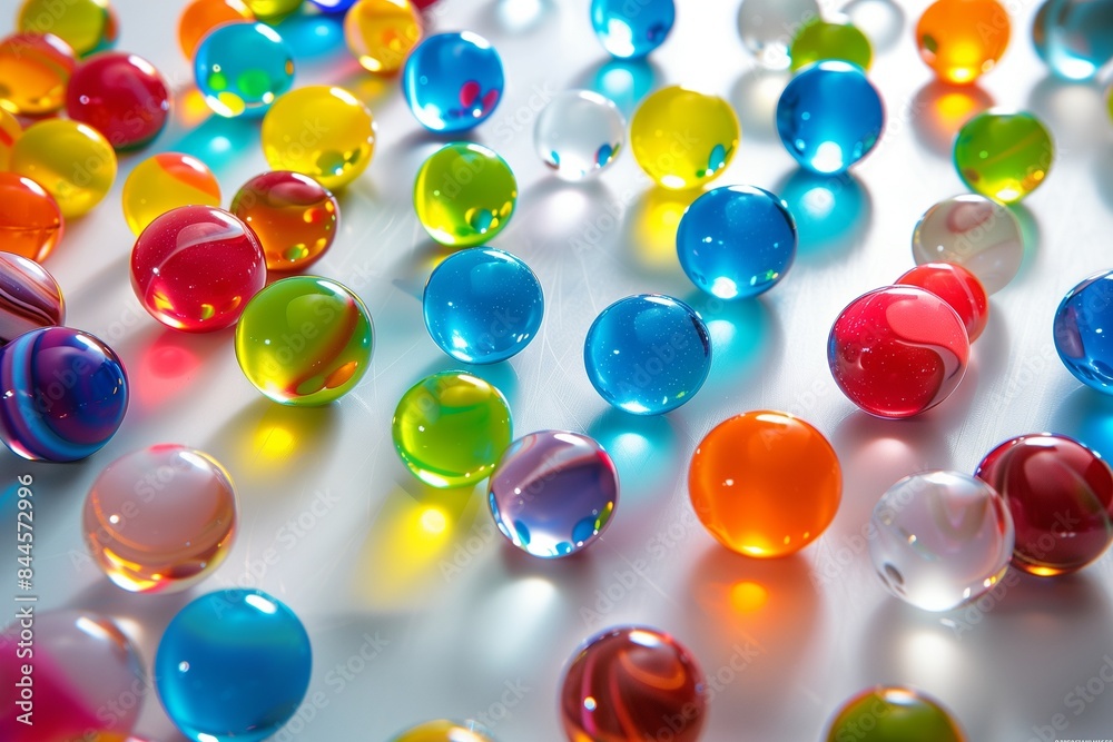 A collection of vibrant marbles scattered across a smooth white surface, their colors reflecting light and creating a playful scene, A collection of vibrant marbles scattered across a smooth white surface, their colors reflecting light and creating a playful scene,